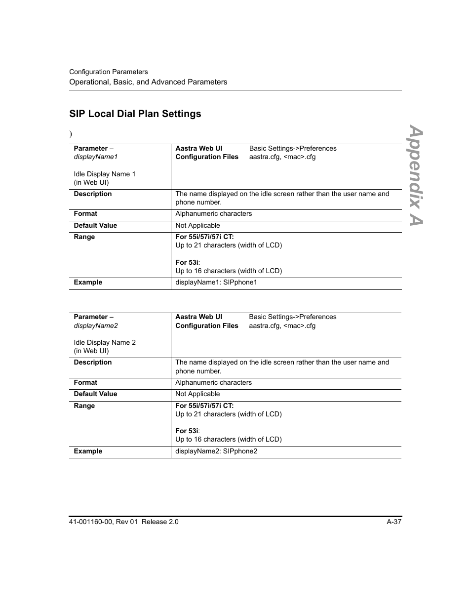 Sip local dial plan settings, Appendix a | Aastra Telecom SISIP 57I CT User Manual | Page 379 / 602