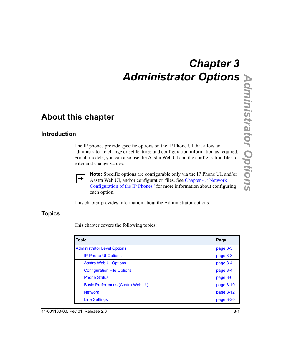 Chapter 3 administrator options, About this chapter, About this chapter -1 | Chapter 3 | Aastra Telecom SISIP 57I CT User Manual | Page 41 / 602