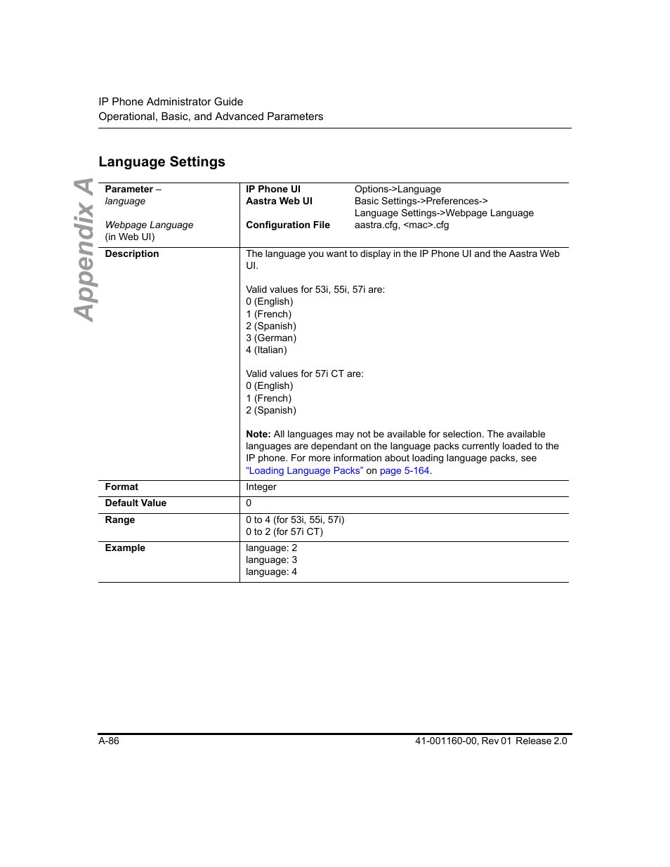 Language settings, Language, Settings | Appendix a | Aastra Telecom SISIP 57I CT User Manual | Page 428 / 602