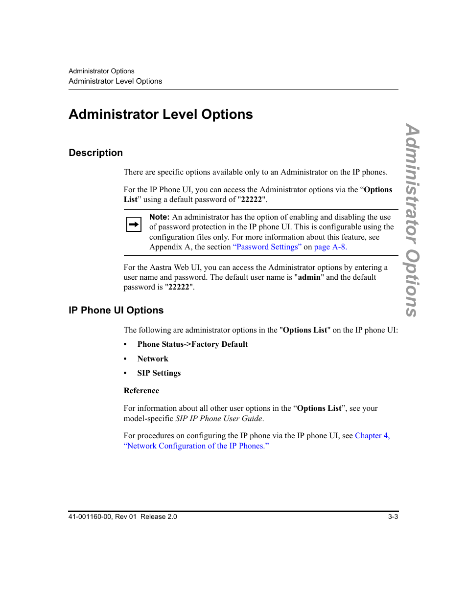 Administrator level options, Description, Ip phone ui options | Administrator level options -3, Description -3, Ip phone ui options -3, Administrator options | Aastra Telecom SISIP 57I CT User Manual | Page 43 / 602