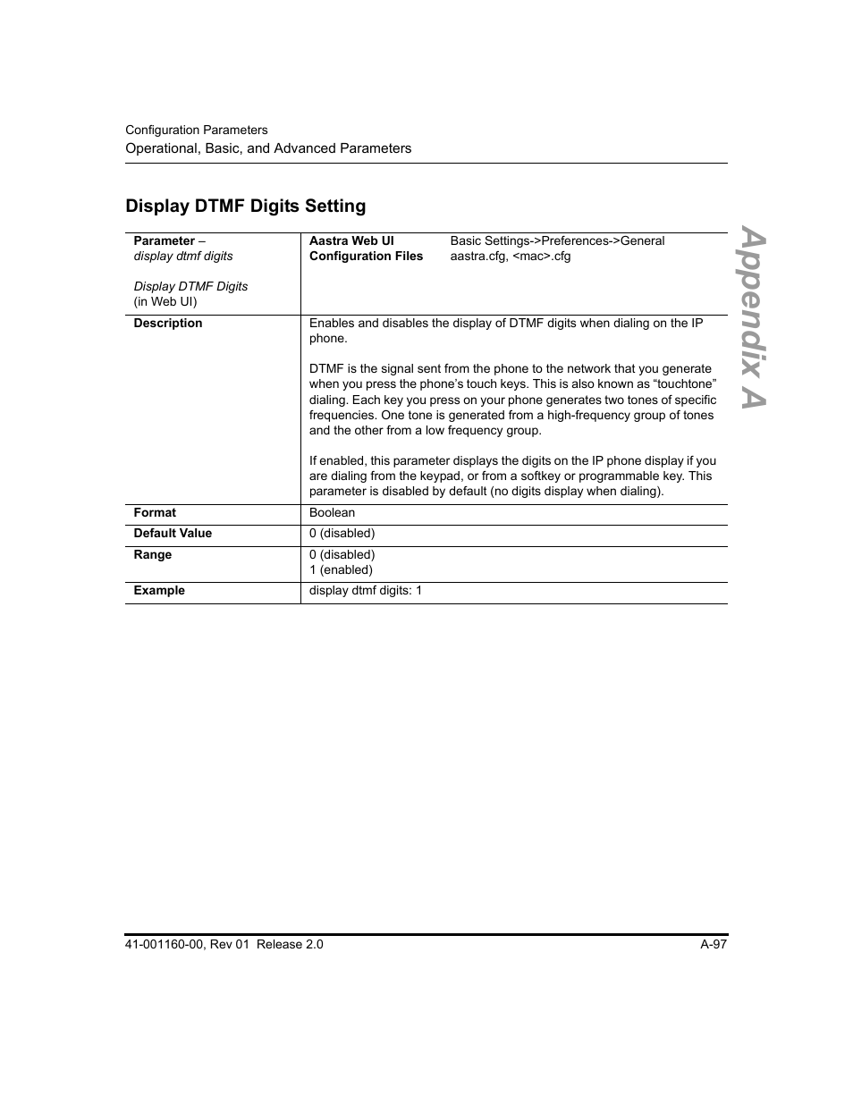 Display dtmf digits setting, Display dtmf, Digits setting | Appendix a | Aastra Telecom SISIP 57I CT User Manual | Page 439 / 602