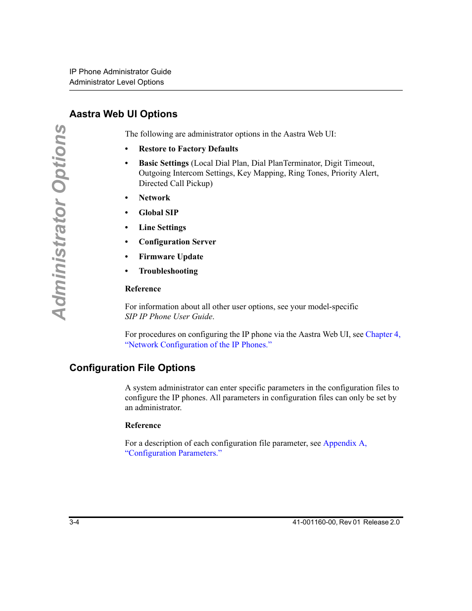 Aastra web ui options, Configuration file options, Aastra web ui options -4 | Configuration file options -4, Administrator options | Aastra Telecom SISIP 57I CT User Manual | Page 44 / 602