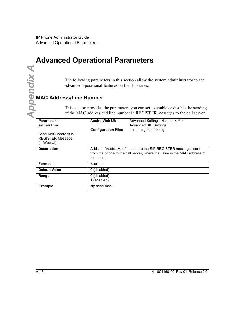 Advanced operational parameters, Mac address/line number, Appendix a | Aastra Telecom SISIP 57I CT User Manual | Page 476 / 602