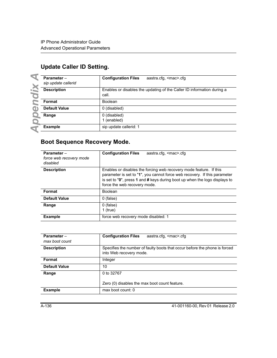 Update caller id setting, Boot sequence recovery mode, Appendix a | Aastra Telecom SISIP 57I CT User Manual | Page 478 / 602