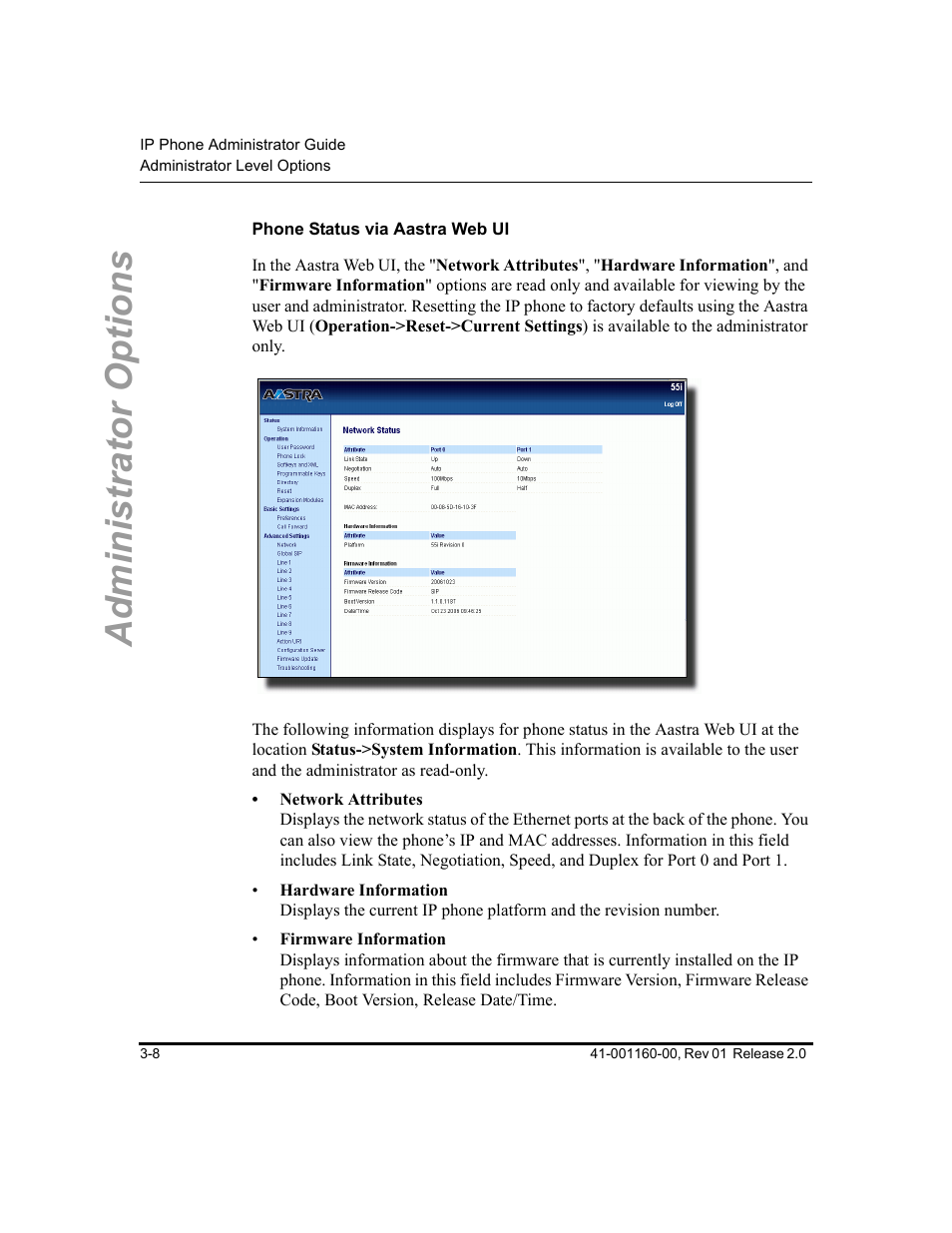 Phone status via aastra web ui, Administrator options | Aastra Telecom SISIP 57I CT User Manual | Page 48 / 602