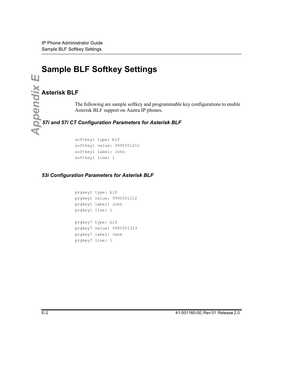 Sample blf softkey settings, Asterisk blf, 53i configuration parameters for asterisk blf | Appendix e | Aastra Telecom SISIP 57I CT User Manual | Page 534 / 602