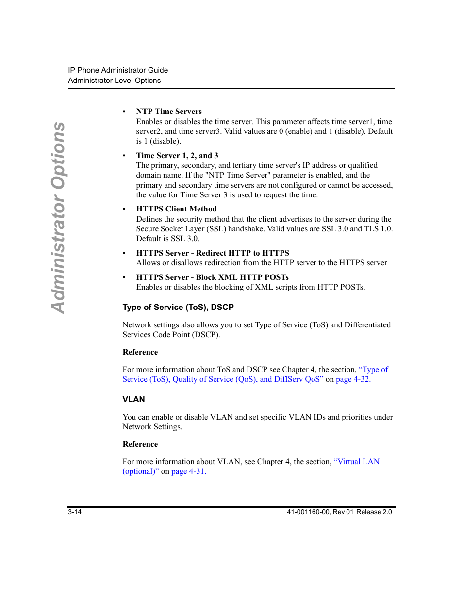 Type of service (tos), dscp, Vlan, Administrator options | Aastra Telecom SISIP 57I CT User Manual | Page 54 / 602