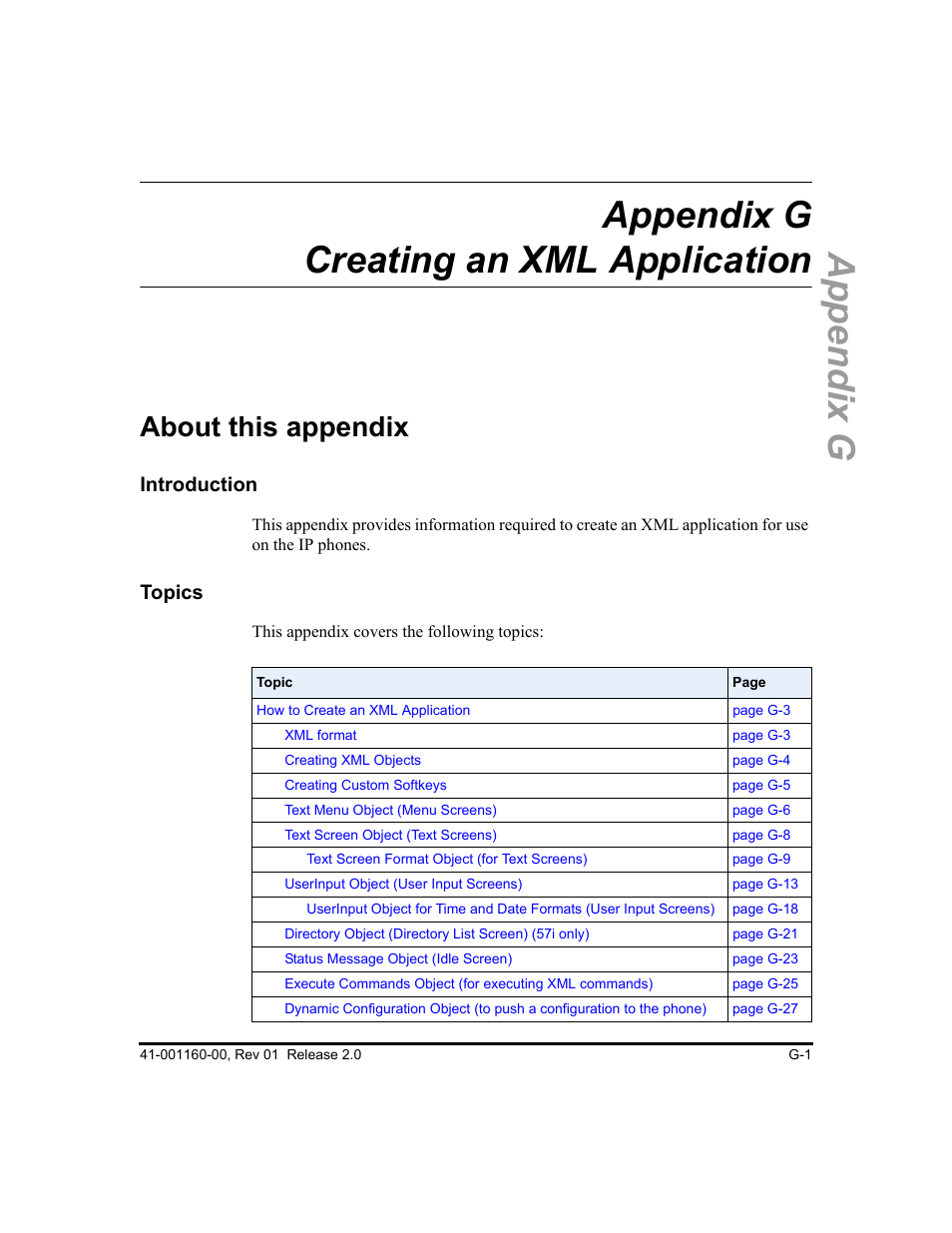 Appendix g creating an xml application, About this appendix, Appendix g | The se, Creating an xml application, Appendix g, “creating an xml application | Aastra Telecom SISIP 57I CT User Manual | Page 541 / 602