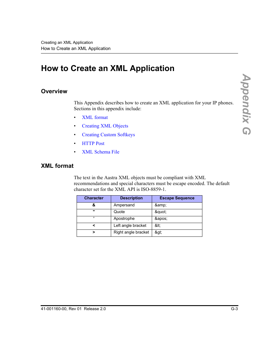 How to create an xml application, Overview, Xml format | Appendix g | Aastra Telecom SISIP 57I CT User Manual | Page 543 / 602