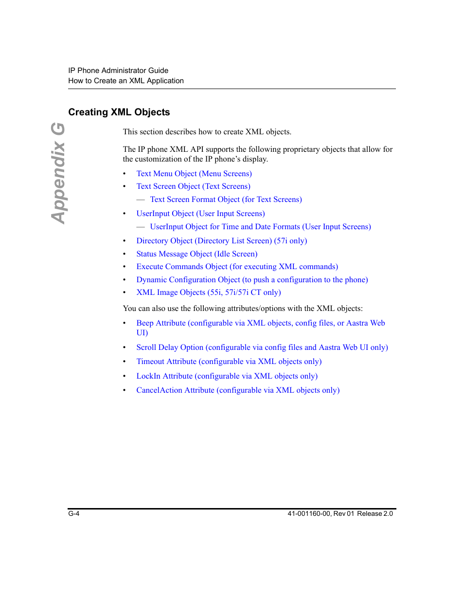 Creating xml objects, Appendix g | Aastra Telecom SISIP 57I CT User Manual | Page 544 / 602