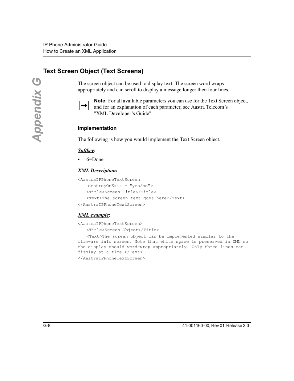 Text screen object (text screens), Implementation, Appendix g | Aastra Telecom SISIP 57I CT User Manual | Page 548 / 602