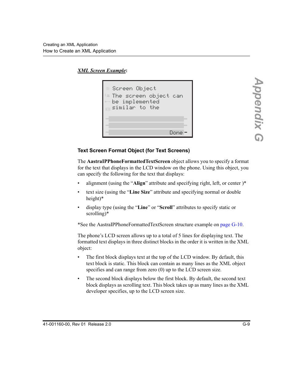 Text screen format object (for text screens), Appendix g | Aastra Telecom SISIP 57I CT User Manual | Page 549 / 602