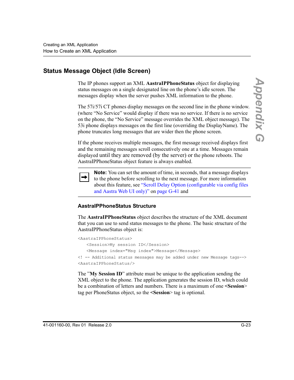 Status message object (idle screen), Aastraipphonestatus structure, Appendix g | Aastra Telecom SISIP 57I CT User Manual | Page 563 / 602