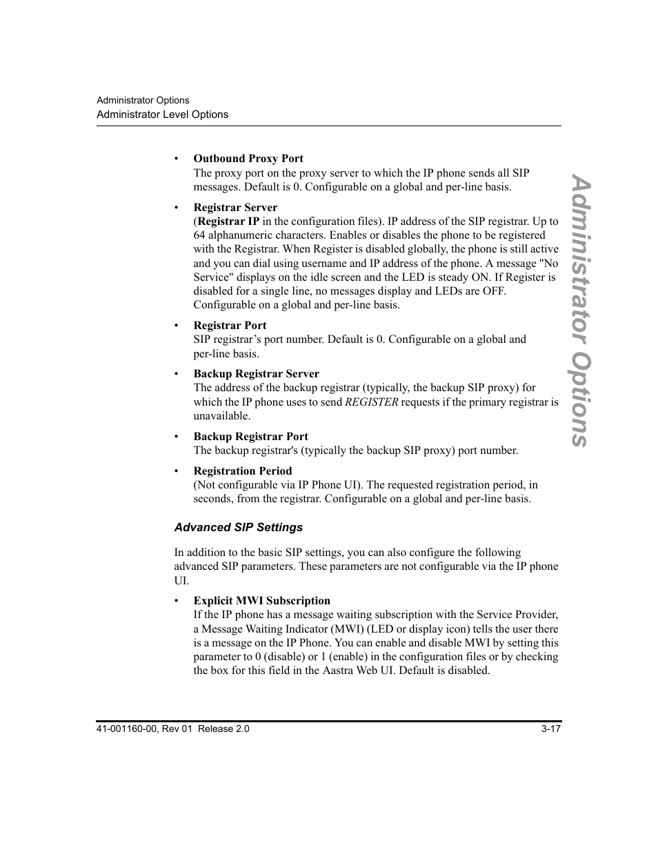 Advanced sip settings, Administrator options | Aastra Telecom SISIP 57I CT User Manual | Page 57 / 602