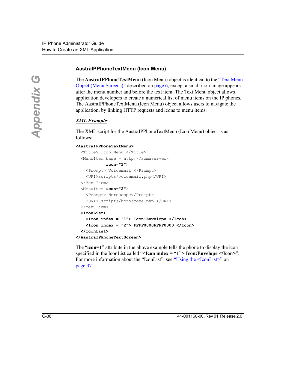 Aastraipphonetextmenu (icon menu), Appendix g | Aastra Telecom SISIP 57I CT User Manual | Page 576 / 602