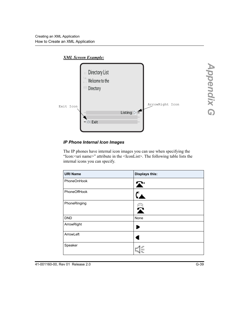 Ip phone internal icon images, Tion, Appendix g | Directorylist, Welcometothe directory, Listing exit | Aastra Telecom SISIP 57I CT User Manual | Page 579 / 602