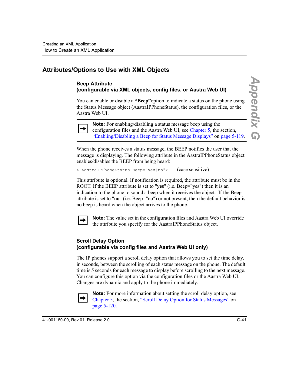 Attributes/options to use with xml objects, Scroll delay option (configurable via config files, And aastra web ui only) | Appendix g | Aastra Telecom SISIP 57I CT User Manual | Page 581 / 602