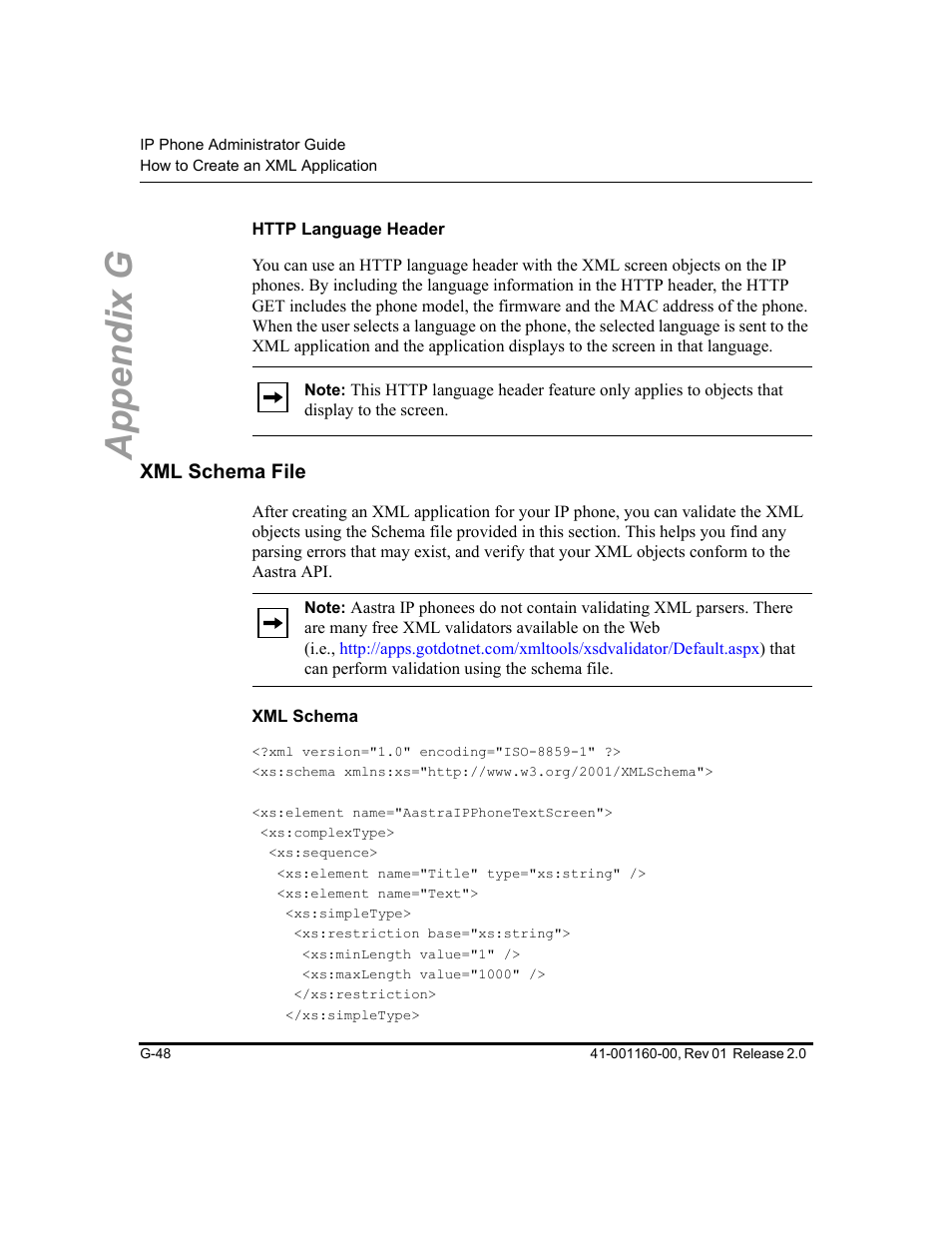 Http language header, Xml schema file, Xml schema | Appendix g | Aastra Telecom SISIP 57I CT User Manual | Page 588 / 602