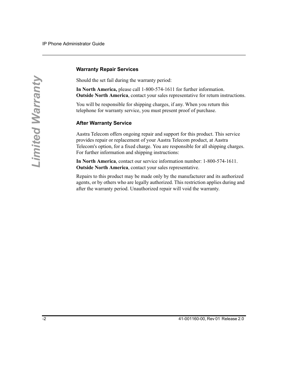 Warranty repair services, After warranty service, Limited w arranty | Aastra Telecom SISIP 57I CT User Manual | Page 594 / 602