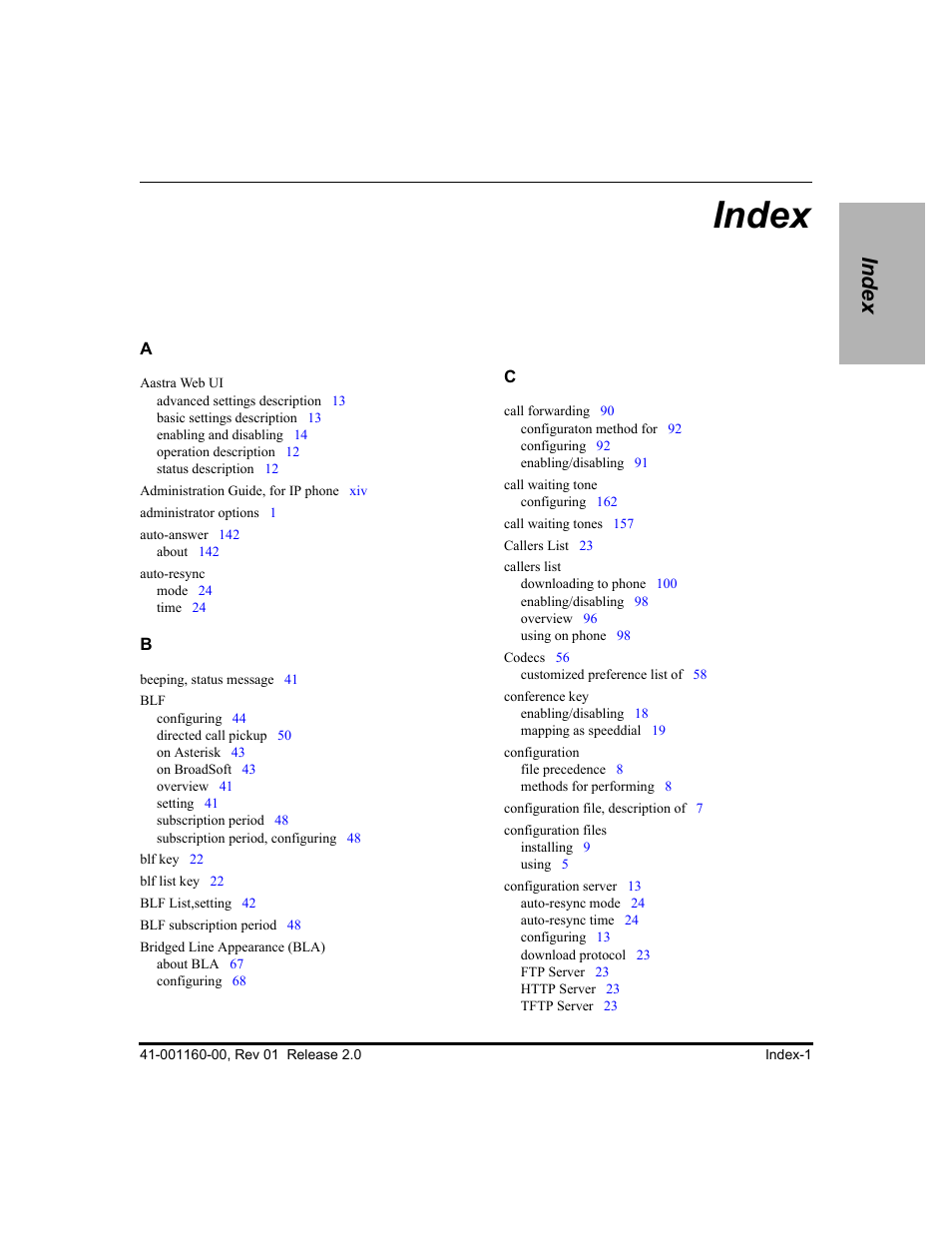 Index | Aastra Telecom SISIP 57I CT User Manual | Page 595 / 602