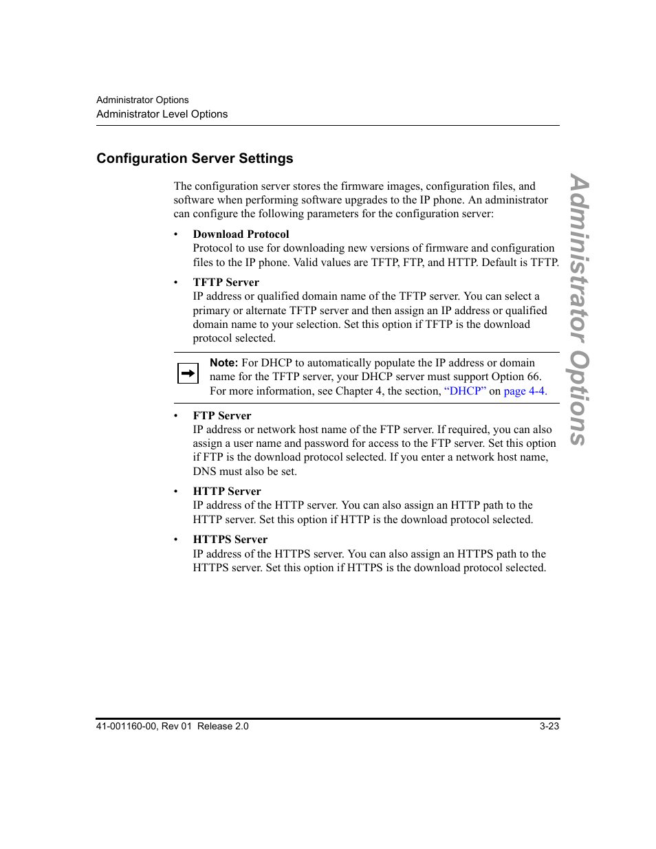 Configuration server settings, Configuration server settings -23, Administrator options | Aastra Telecom SISIP 57I CT User Manual | Page 63 / 602