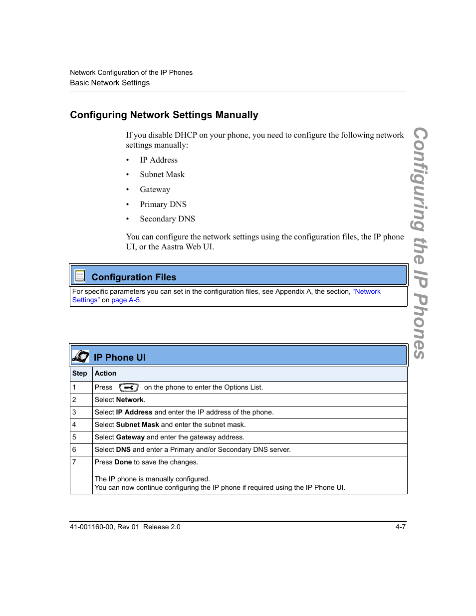 Configuring network settings manually, Configuring network settings manually -7, Configuring the ip phones | Aastra Telecom SISIP 57I CT User Manual | Page 73 / 602