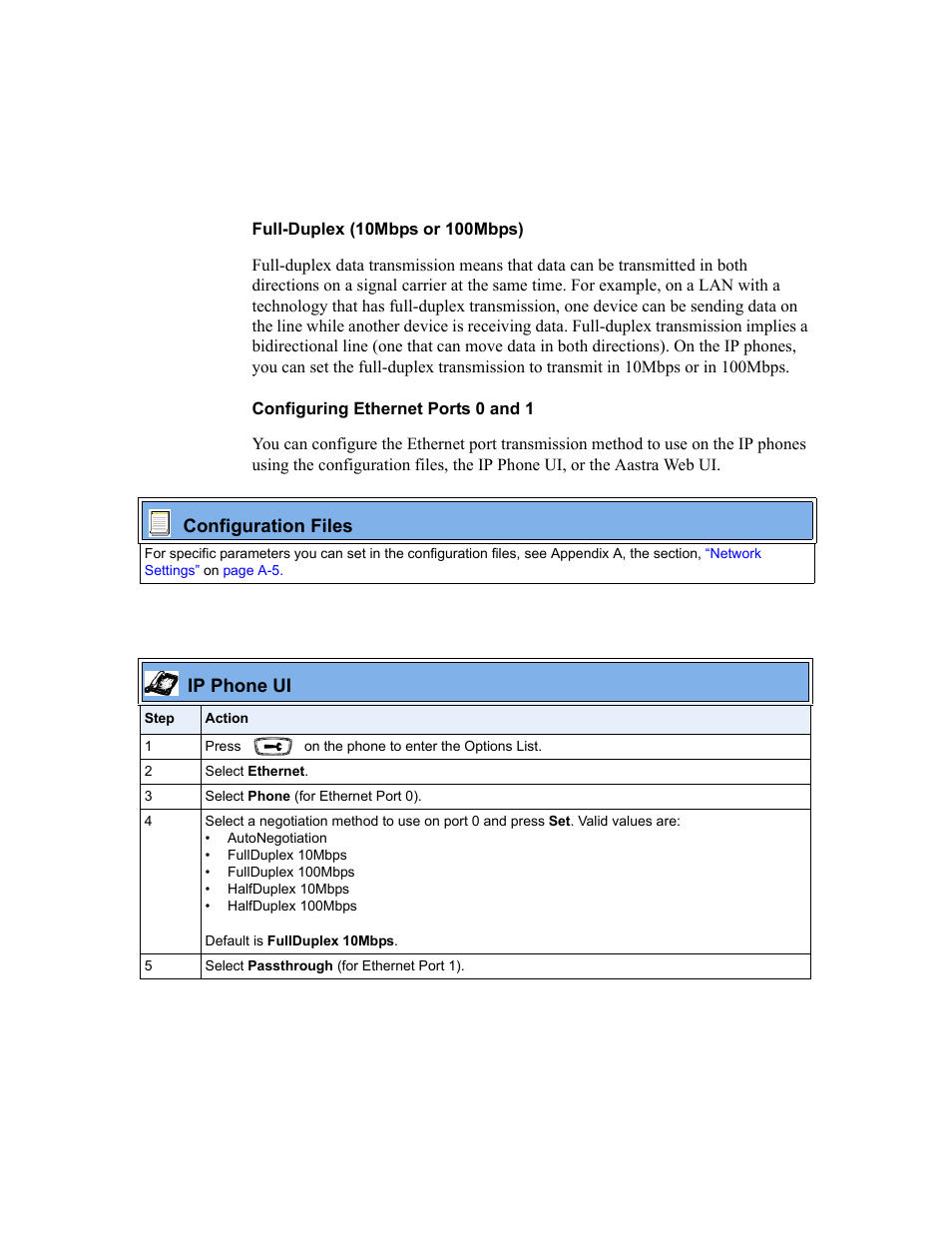 Full-duplex (10mbps or 100mbps), Configuring ethernet ports 0 and 1 | Aastra Telecom SISIP 57I CT User Manual | Page 76 / 602