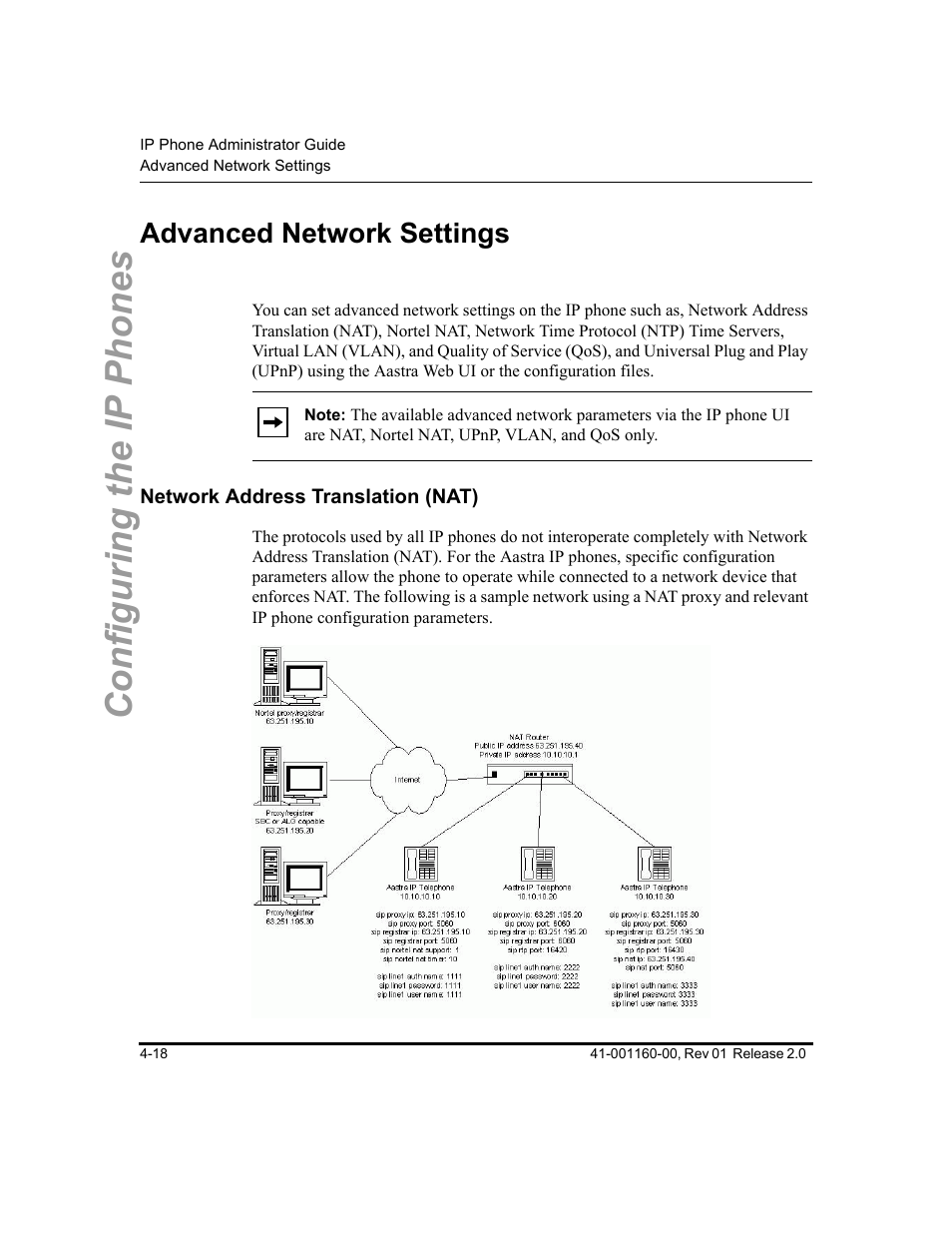 Advanced network settings, Network address translation (nat), Advanced network settings -18 | Network address translation (nat) -18, Configuring the ip phones | Aastra Telecom SISIP 57I CT User Manual | Page 84 / 602