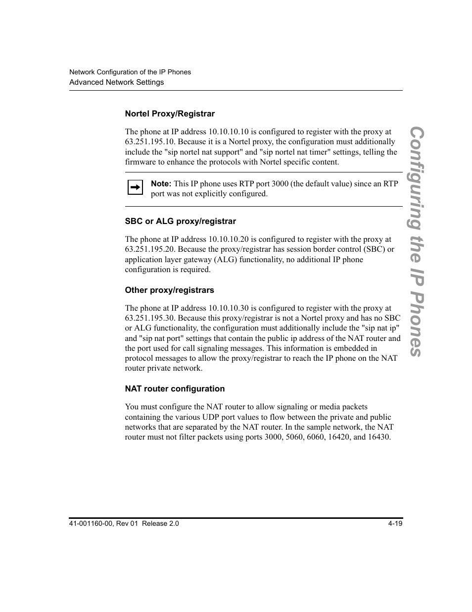 Nortel proxy/registrar, Sbc or alg proxy/registrar, Other proxy/registrars | Nat router configuration, Configuring the ip phones | Aastra Telecom SISIP 57I CT User Manual | Page 85 / 602