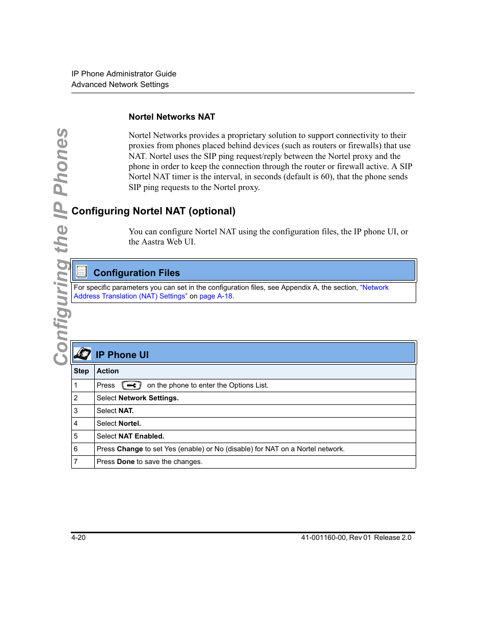 Nortel networks nat, Configuring nortel nat (optional), Configuring nortel nat (optional) -20 | Configuring the ip phones | Aastra Telecom SISIP 57I CT User Manual | Page 86 / 602