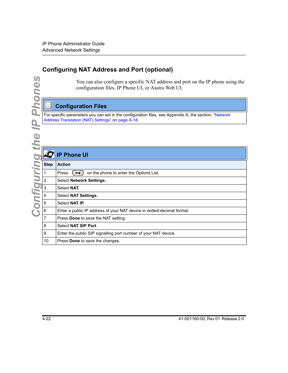 Configuring nat address and port (optional), Configuring nat address and port (optional) -22, Configuring the ip phones | Aastra Telecom SISIP 57I CT User Manual | Page 88 / 602