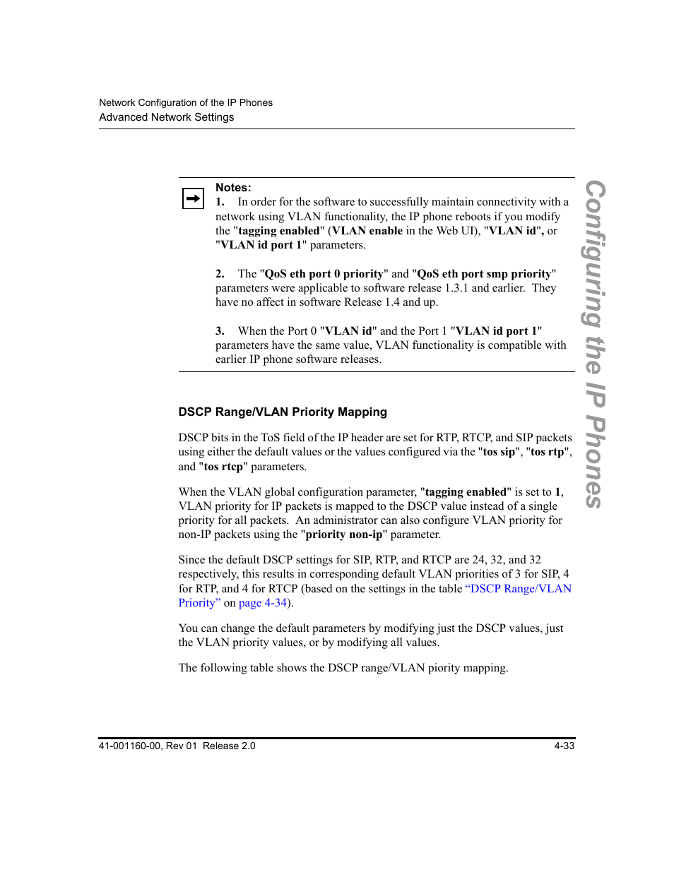Dscp range/vlan priority mapping, Configuring the ip phones | Aastra Telecom SISIP 57I CT User Manual | Page 99 / 602