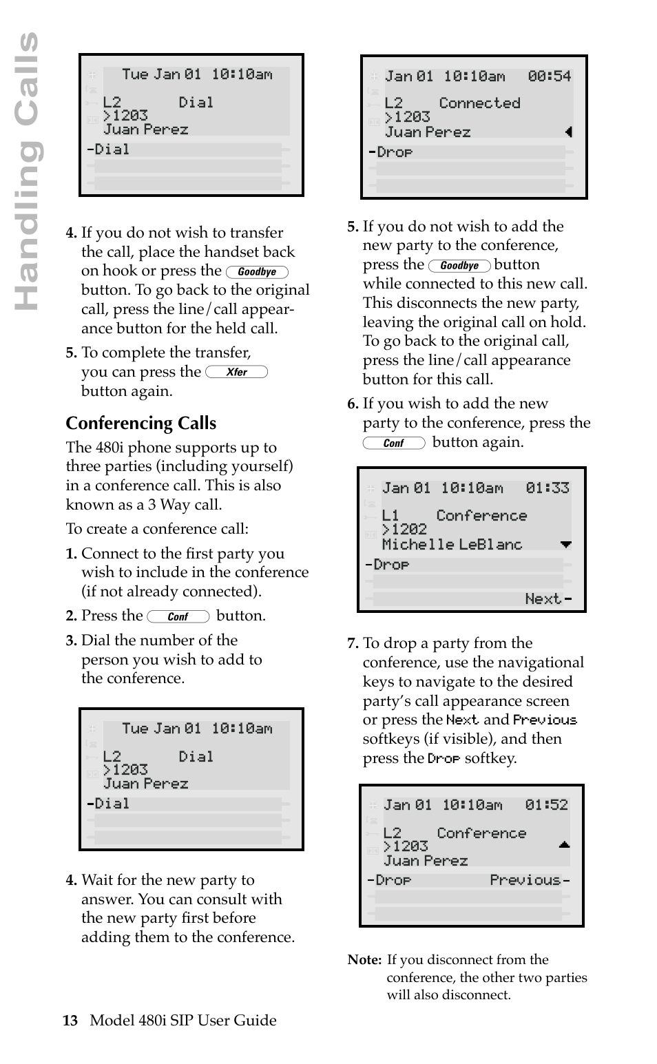 Handling calls, Conferencing calls | Aastra Telecom 480i SIP User Manual | Page 16 / 21