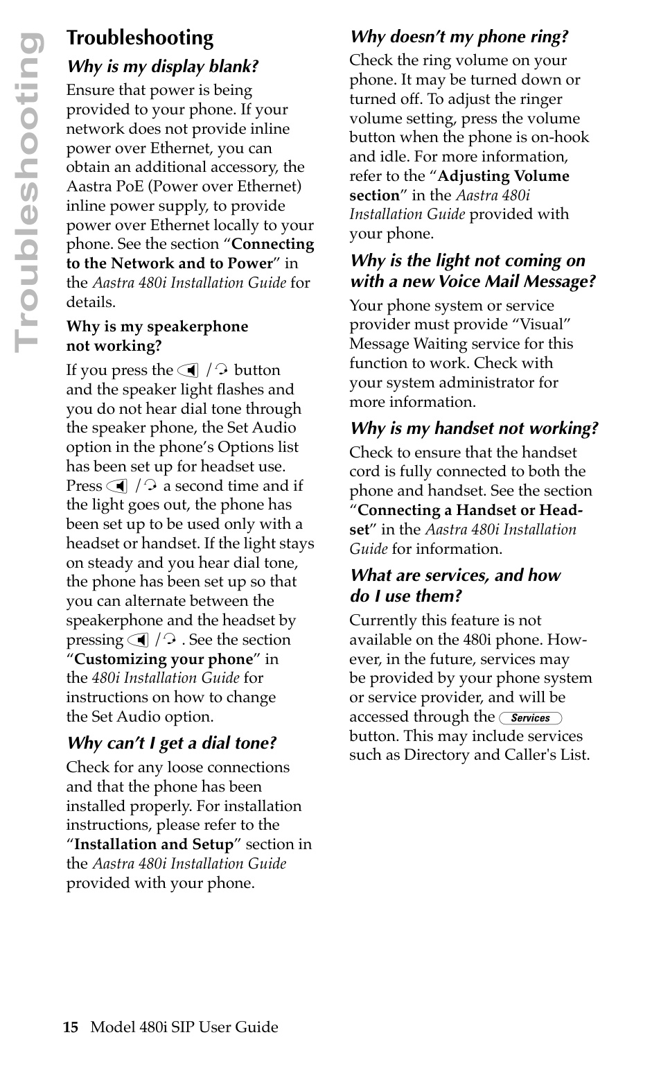 Troubleshooting | Aastra Telecom 480i SIP User Manual | Page 18 / 21