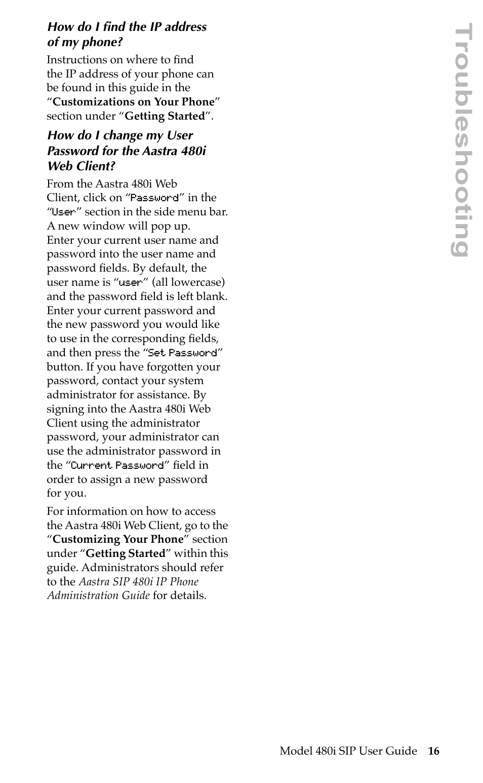 Troubleshooting | Aastra Telecom 480i SIP User Manual | Page 19 / 21