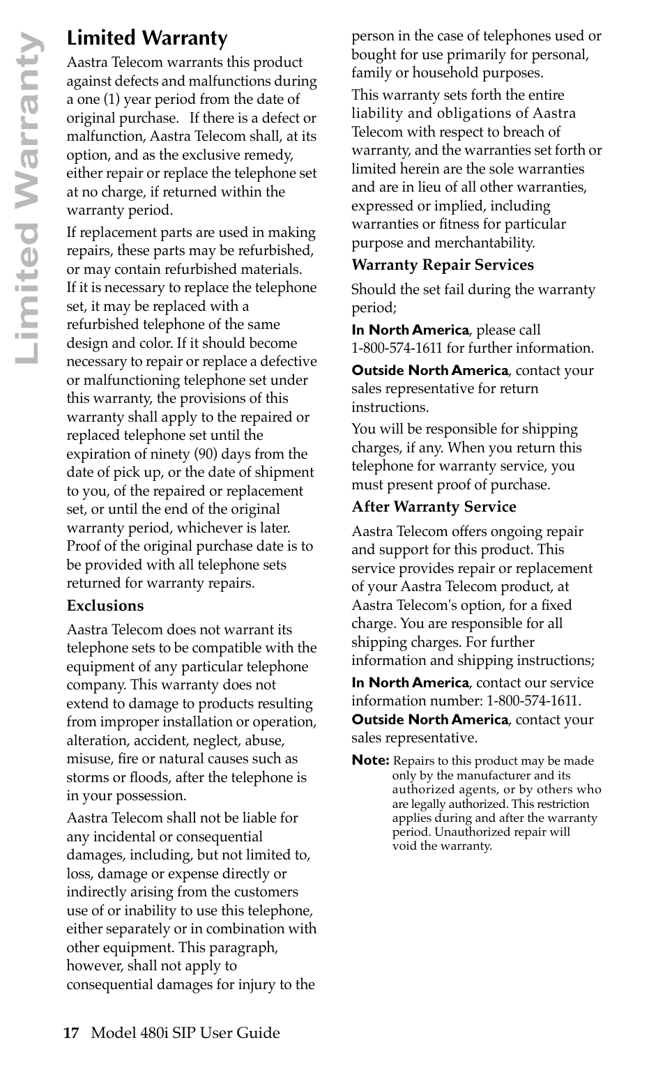 Limited warranty | Aastra Telecom 480i SIP User Manual | Page 20 / 21