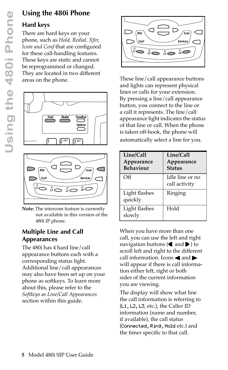 Using the 480i phone, Hard keys, Multiple line and call appearances | 5 model 480i sip user guide | Aastra Telecom 480i SIP User Manual | Page 8 / 21