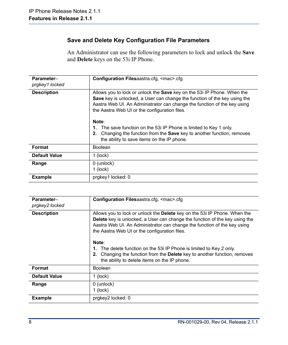 Save and delete key configuration file parameters | Aastra Telecom 57I CT User Manual | Page 12 / 40