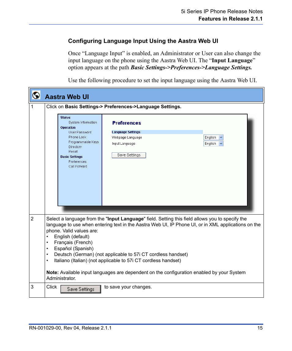 Configuring language input using the aastra web ui, Aastra web ui | Aastra Telecom 57I CT User Manual | Page 19 / 40