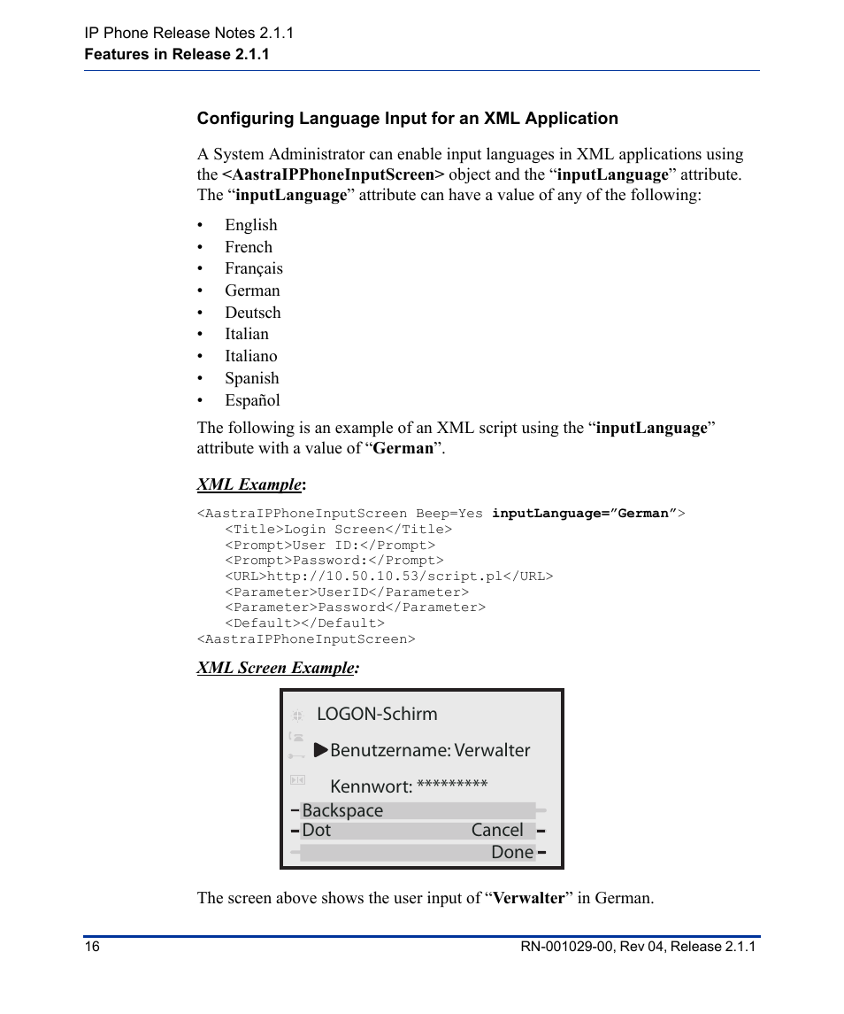 Configuring language input for an xml application | Aastra Telecom 57I CT User Manual | Page 20 / 40