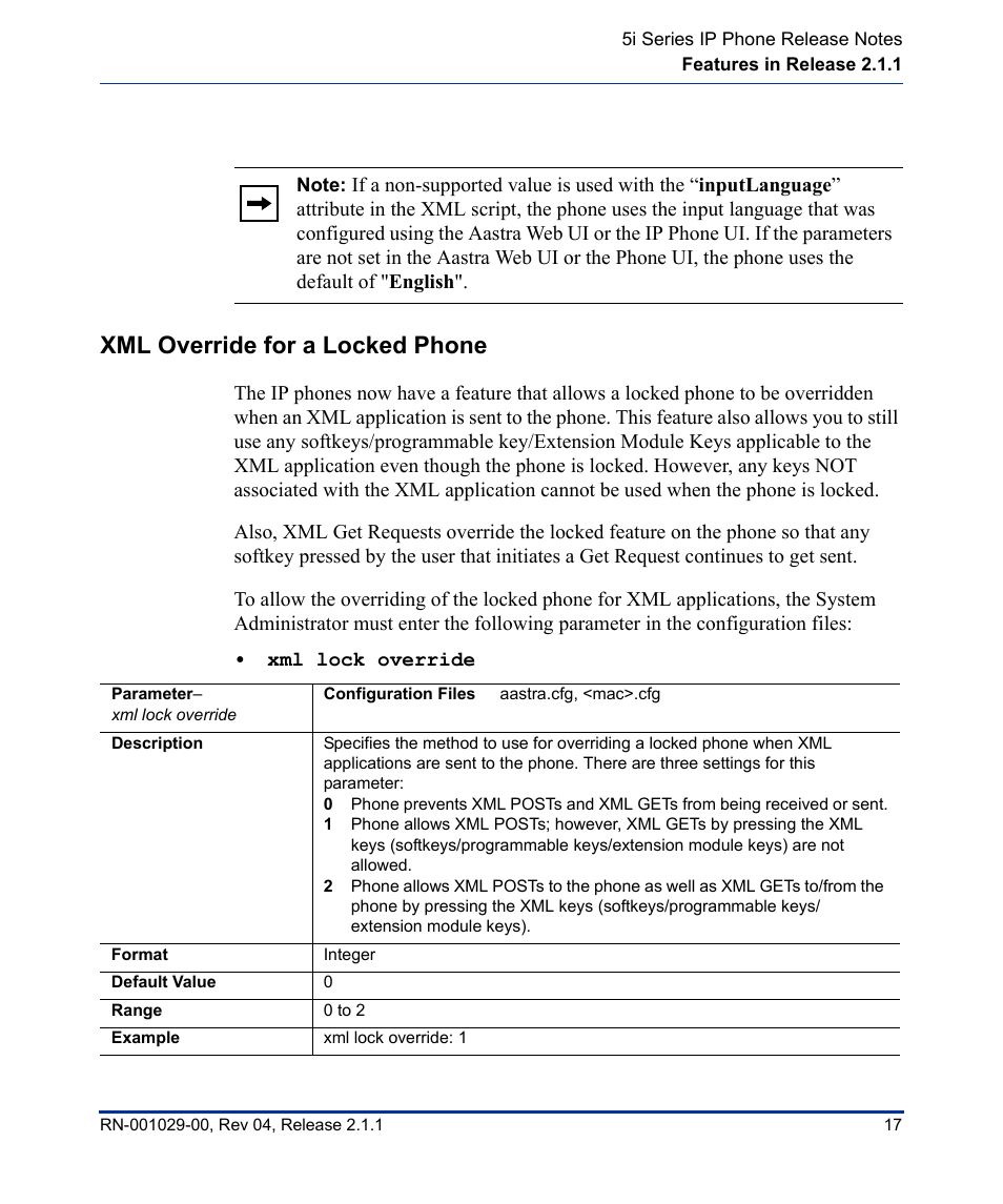 Xml override for a locked phone | Aastra Telecom 57I CT User Manual | Page 21 / 40