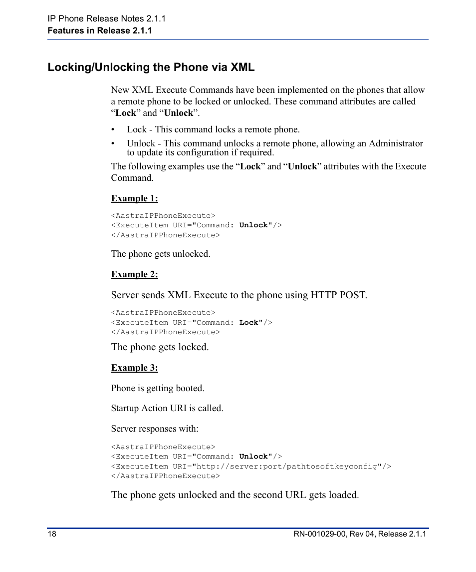Locking/unlocking the phone via xml | Aastra Telecom 57I CT User Manual | Page 22 / 40