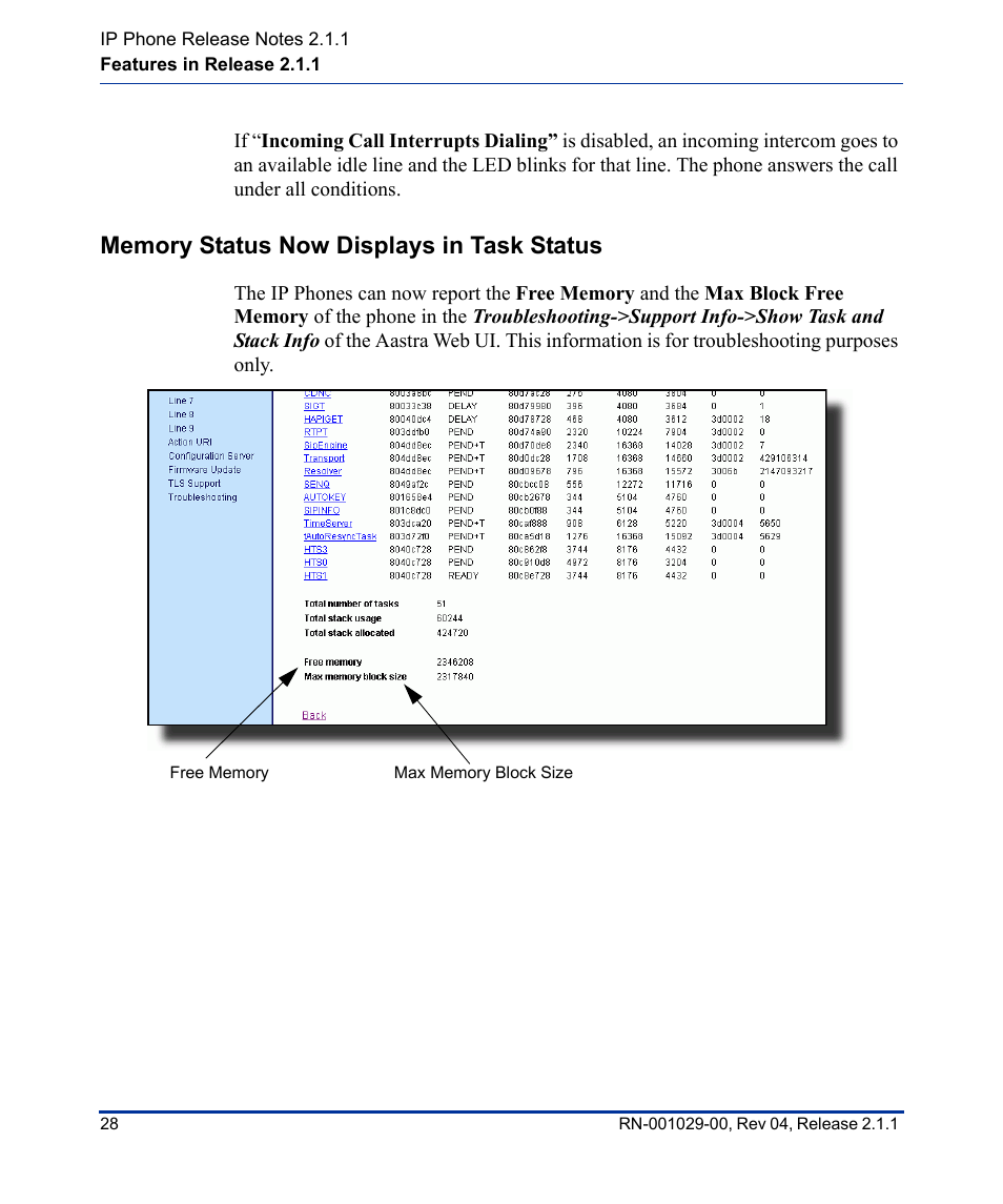 Memory status now displays in task status | Aastra Telecom 57I CT User Manual | Page 32 / 40
