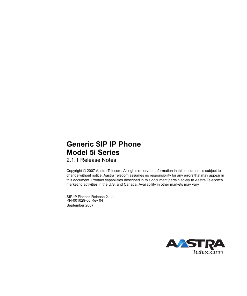 Generic sip ip phone model 5i series | Aastra Telecom 57I CT User Manual | Page 40 / 40
