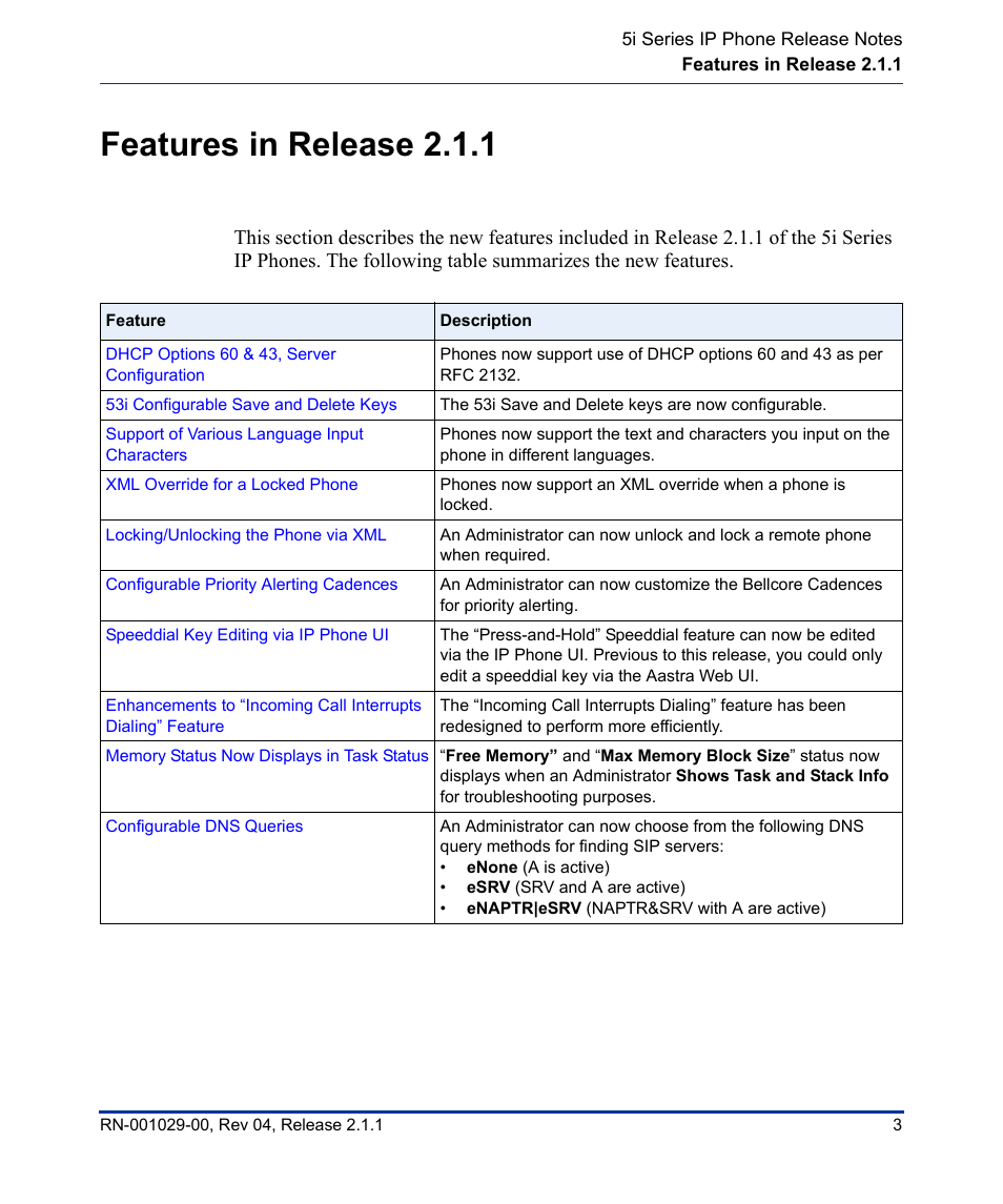 Features in release 2.1.1 | Aastra Telecom 57I CT User Manual | Page 7 / 40