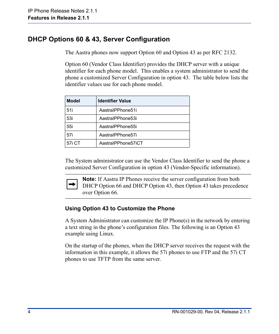 Dhcp options 60 & 43, server configuration, Using option 43 to customize the phone | Aastra Telecom 57I CT User Manual | Page 8 / 40