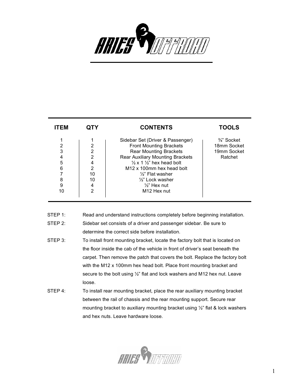 Aries Automotive 203034-2 User Manual | 2 pages