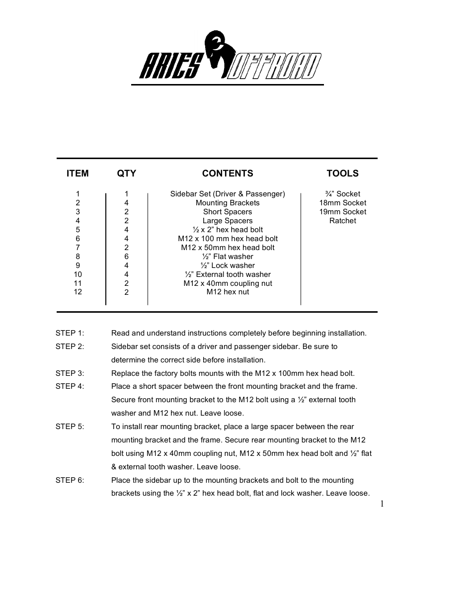 Aries Automotive 203003-2 User Manual | 2 pages