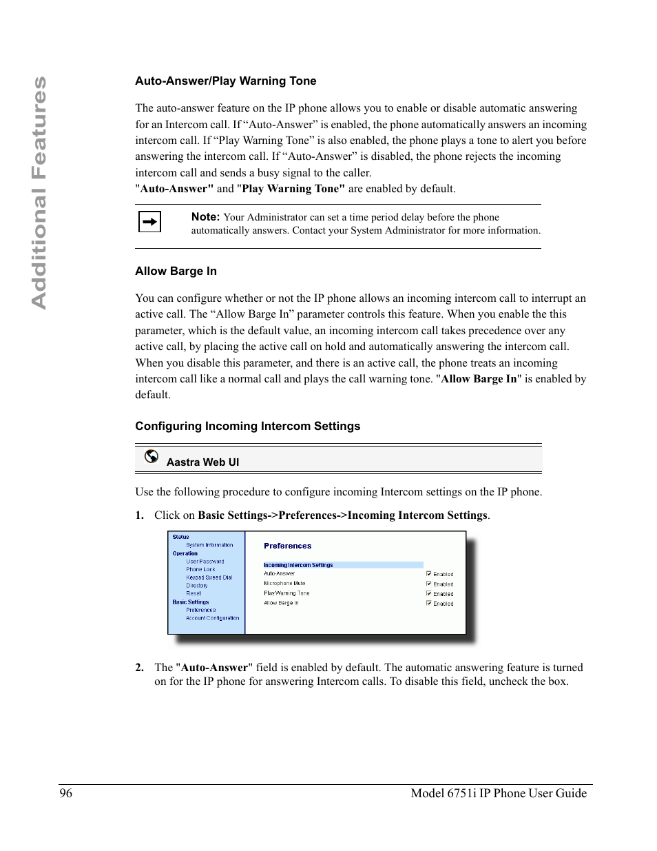Auto-answer/play warning tone, Allow barge in, Configuring incoming intercom settings | Additional features | Aastra Telecom 6751I User Manual | Page 104 / 128