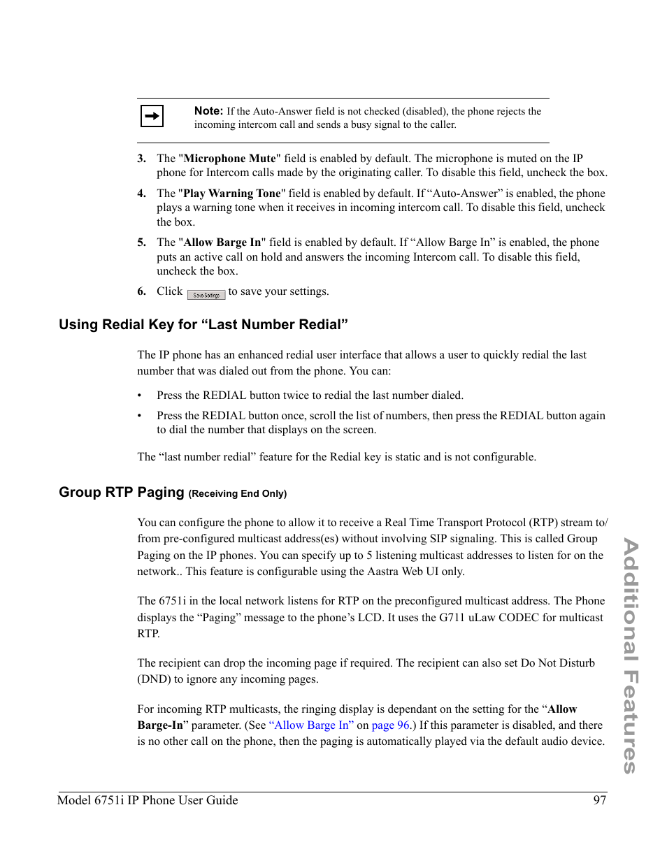 Using redial key for “last number redial, Group rtp paging (receiving end only), Additional features | Aastra Telecom 6751I User Manual | Page 105 / 128